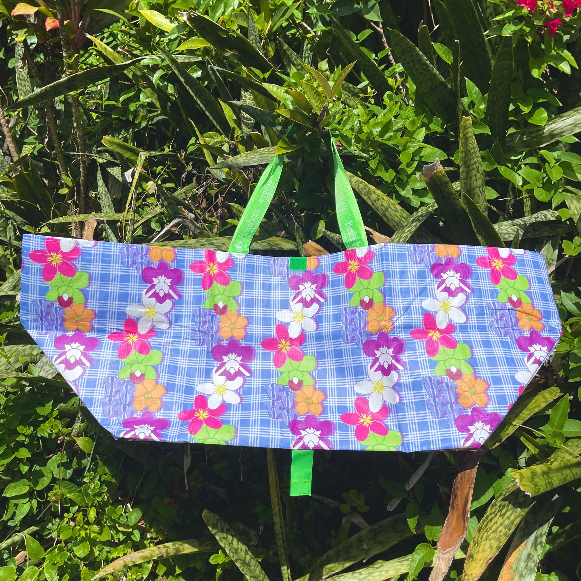 Large reusable tote with purple palaka floral print