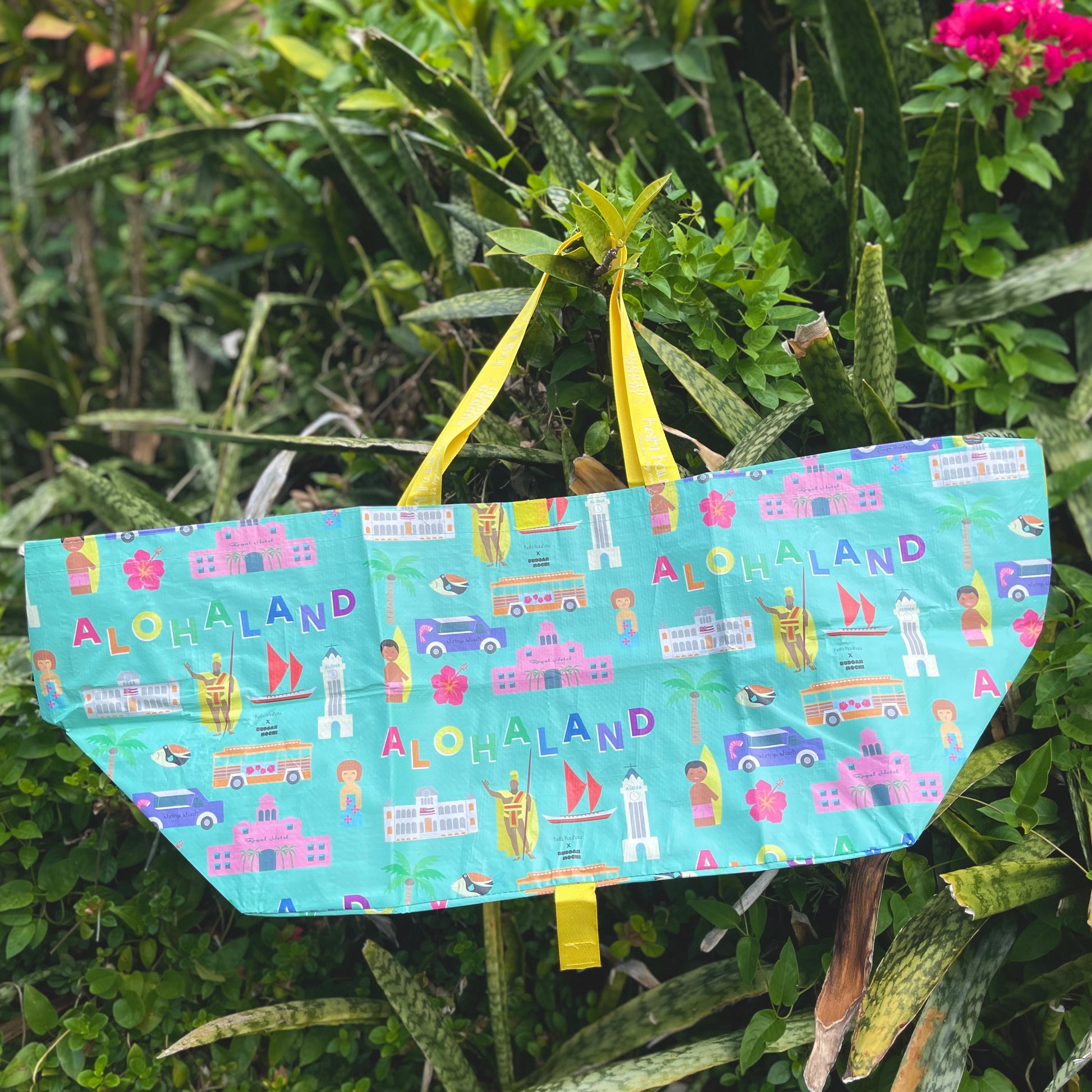 Large reusable tote with teal ALOHALAND print