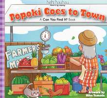 Load image into Gallery viewer, Popoki Goes to Town - cover. Farmer's market with old woman and cat