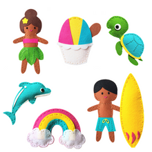 Load image into Gallery viewer, Complete sewing projects (Hula Girl, Shave Ice, Turtle, Dolphin, Rainbow, and Boy with Surf Board
