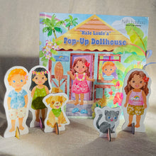 Load image into Gallery viewer, Cardboard dolls (little boy, little girl with black hair, dog, cat, little girl with brown hair) in front of closed Pop-Up Dollhouse