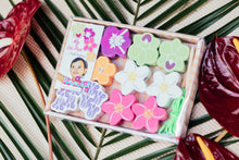 Load image into Gallery viewer, Wooden flower beads in orange and white palaka print box with label reading "My Lei Pua"