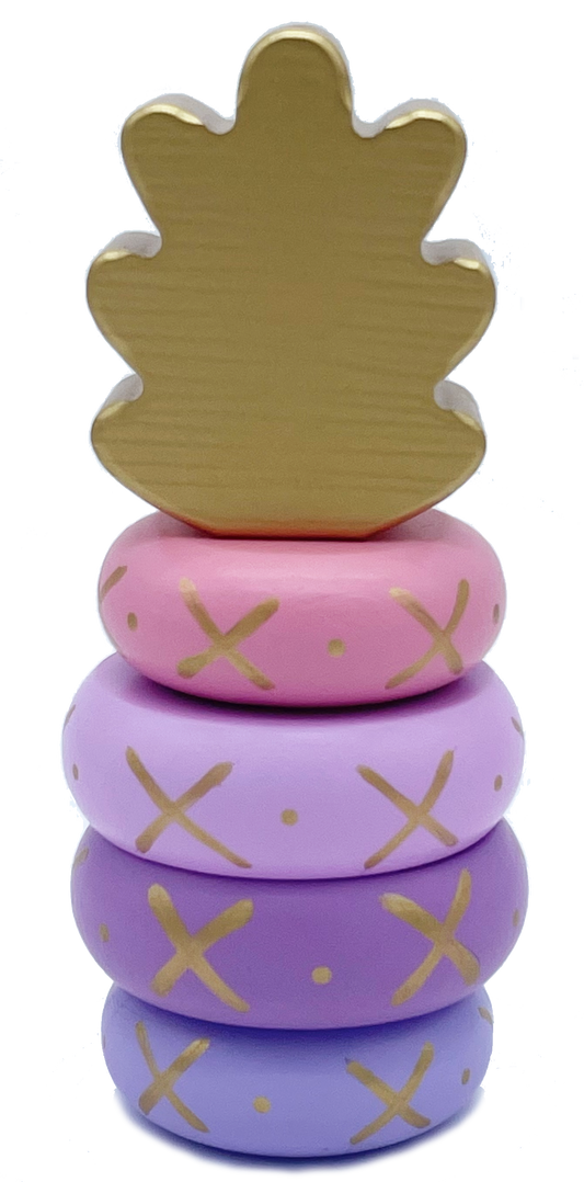 Pink, gold, and purple wooden pineapple stacking toy