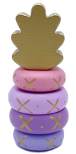 Load image into Gallery viewer, Pink, gold, and purple wooden pineapple stacking toy
