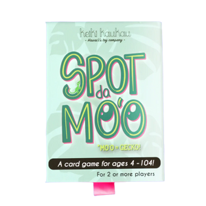 Teal sliding box with pink stain pull tab reading "Spot da mo‘o"