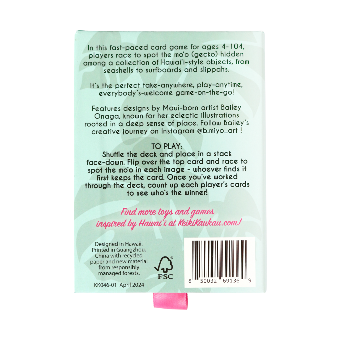 Back of the Spot da Mo‘o card game displaying text of instructions of how to play the game