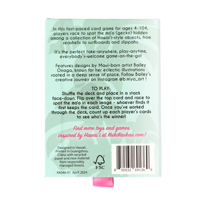 Back of the Spot da Mo‘o card game displaying text of instructions of how to play the game