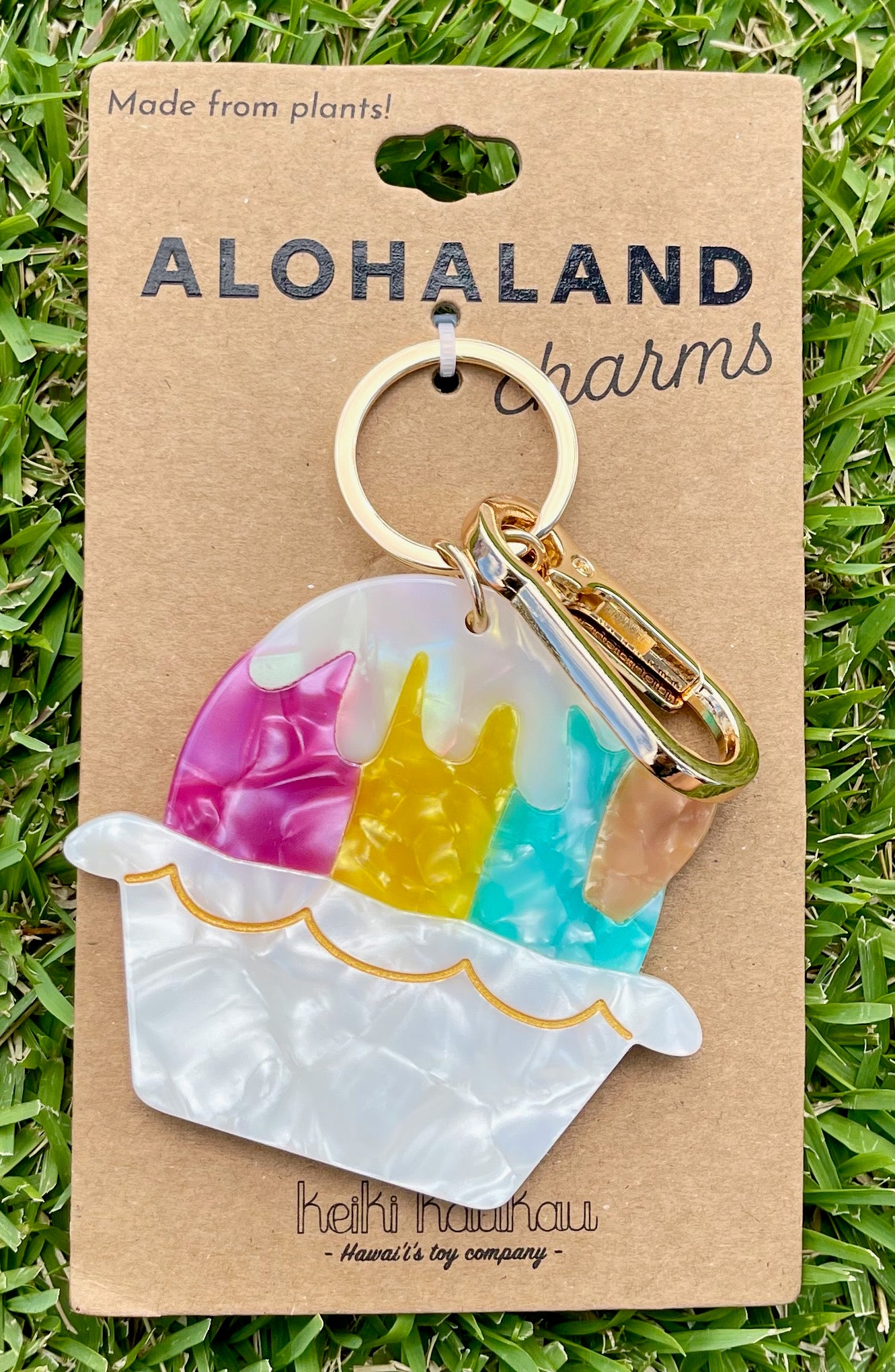 Keychain with colorful design on a 'Alohaland Charms' card, placed on grass.