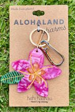 Load image into Gallery viewer, Keychain with pink flower design on a &#39;Alohaland&#39; branded card against a grass background