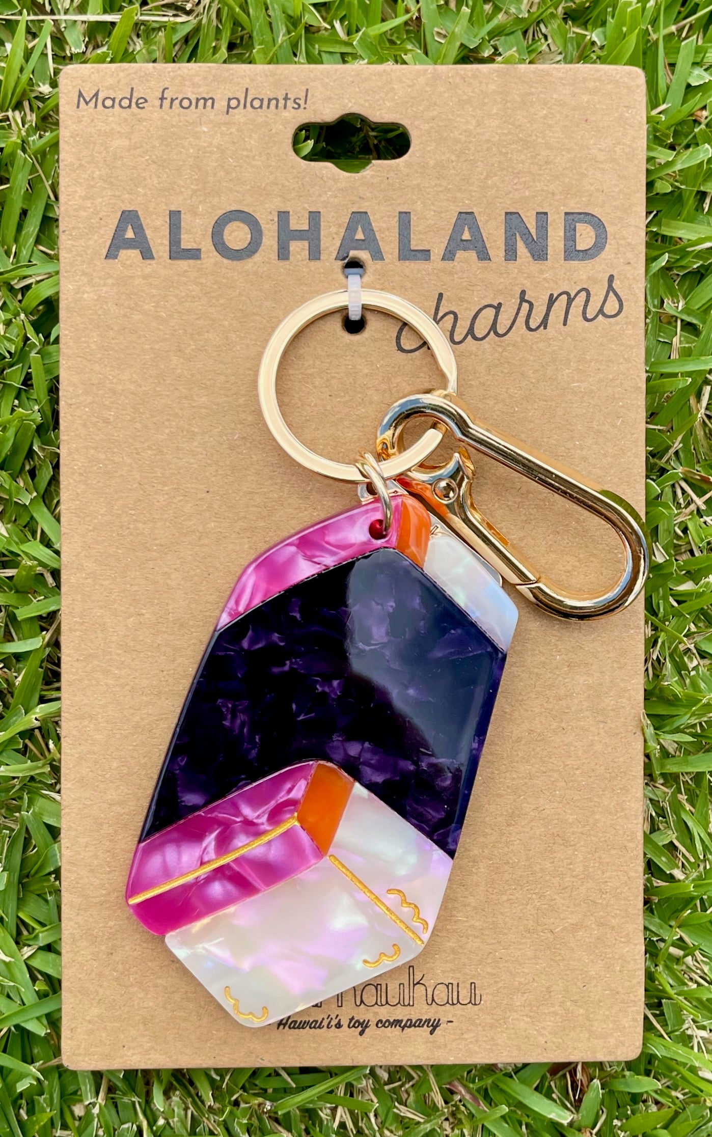 Musubi keychain with colorful design on a 'Alohaland' branded card against a grass background