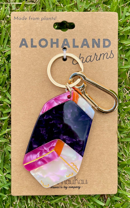 Musubi keychain with colorful design on a 'Alohaland' branded card against a grass background