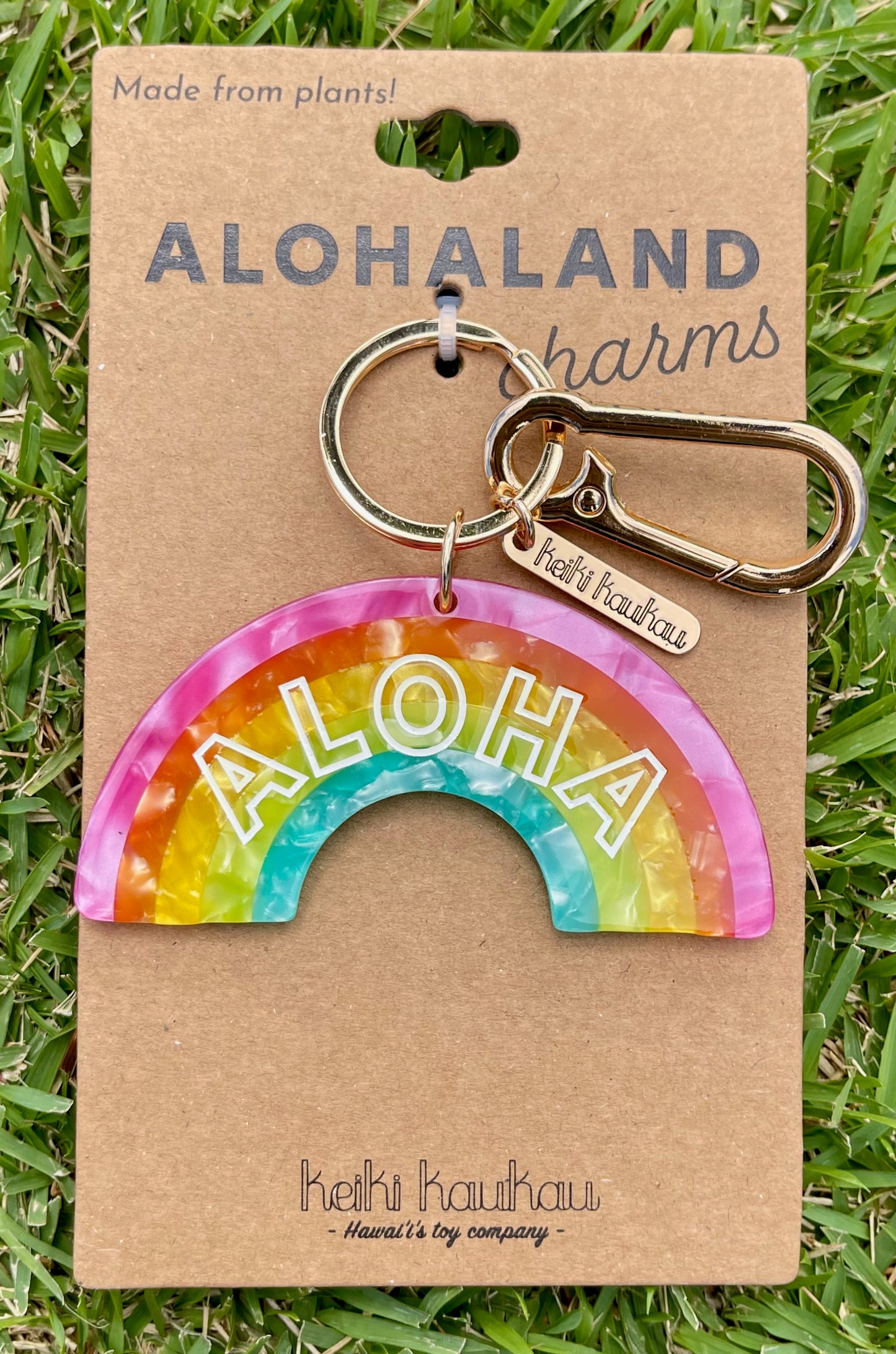 Rainbow-shaped 'ALOHA' keychain on a brown card with 'Alohaland' branding, set against a grass background.