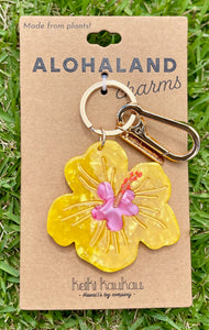 Yellow flower-shaped keychain on a brown card with 'Alohaland' branding, set against a grass background.