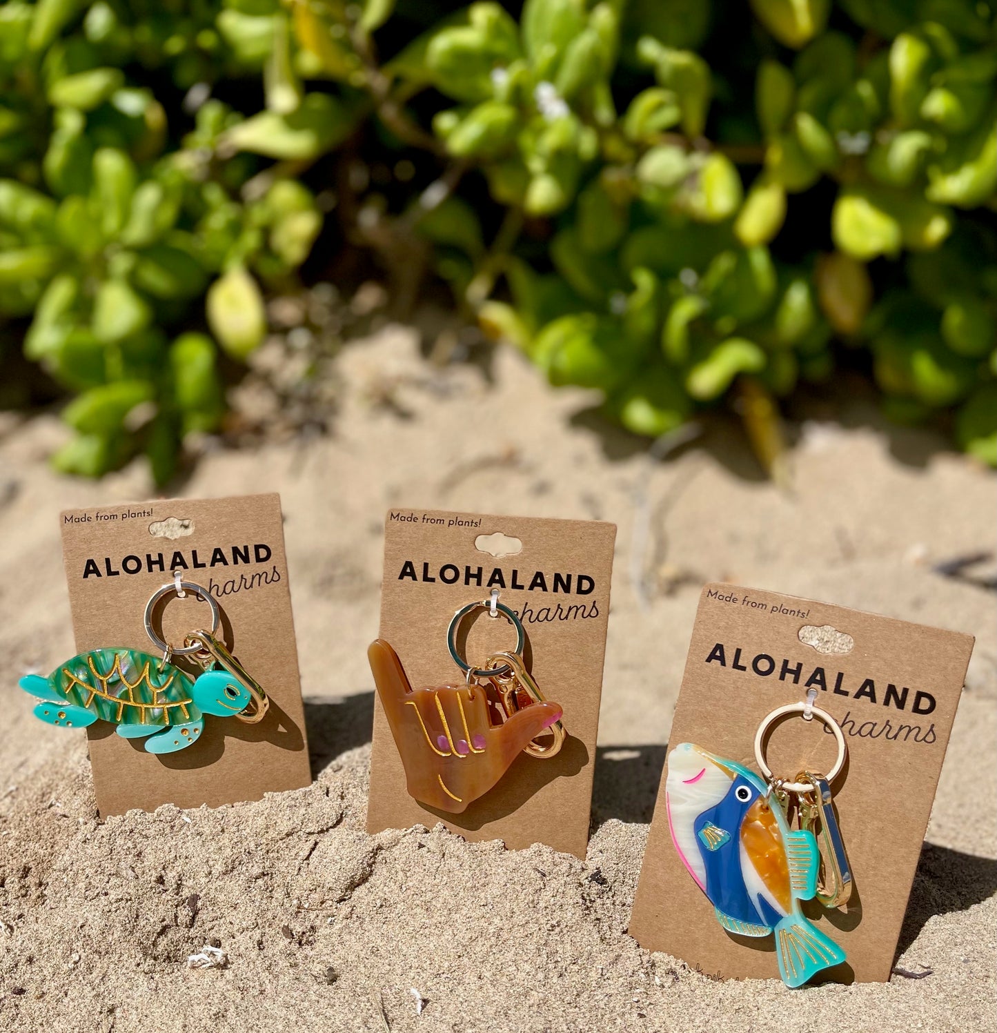 Three Alohaland charms on cards with a natural background