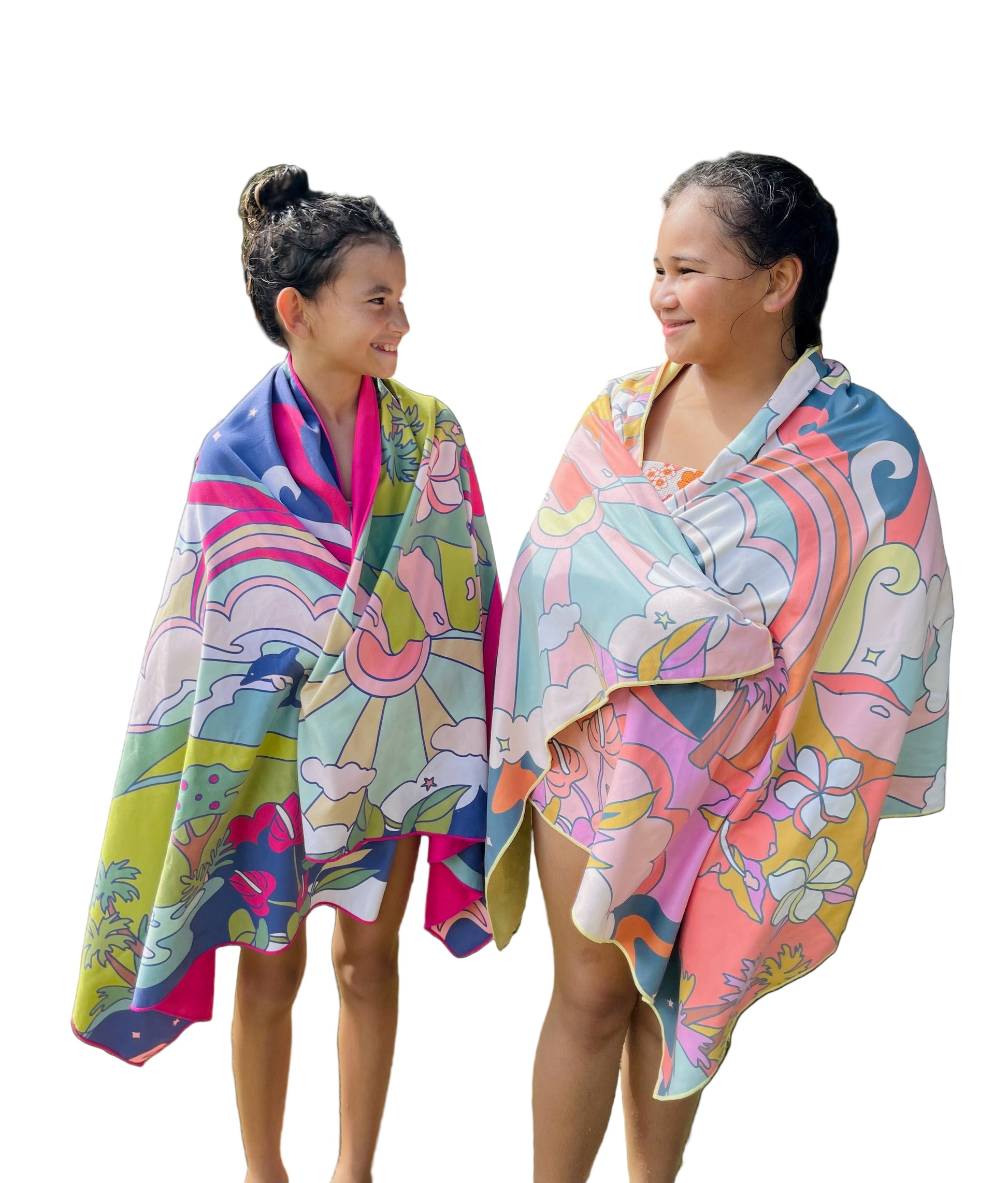Two girls with towels wrapped around them