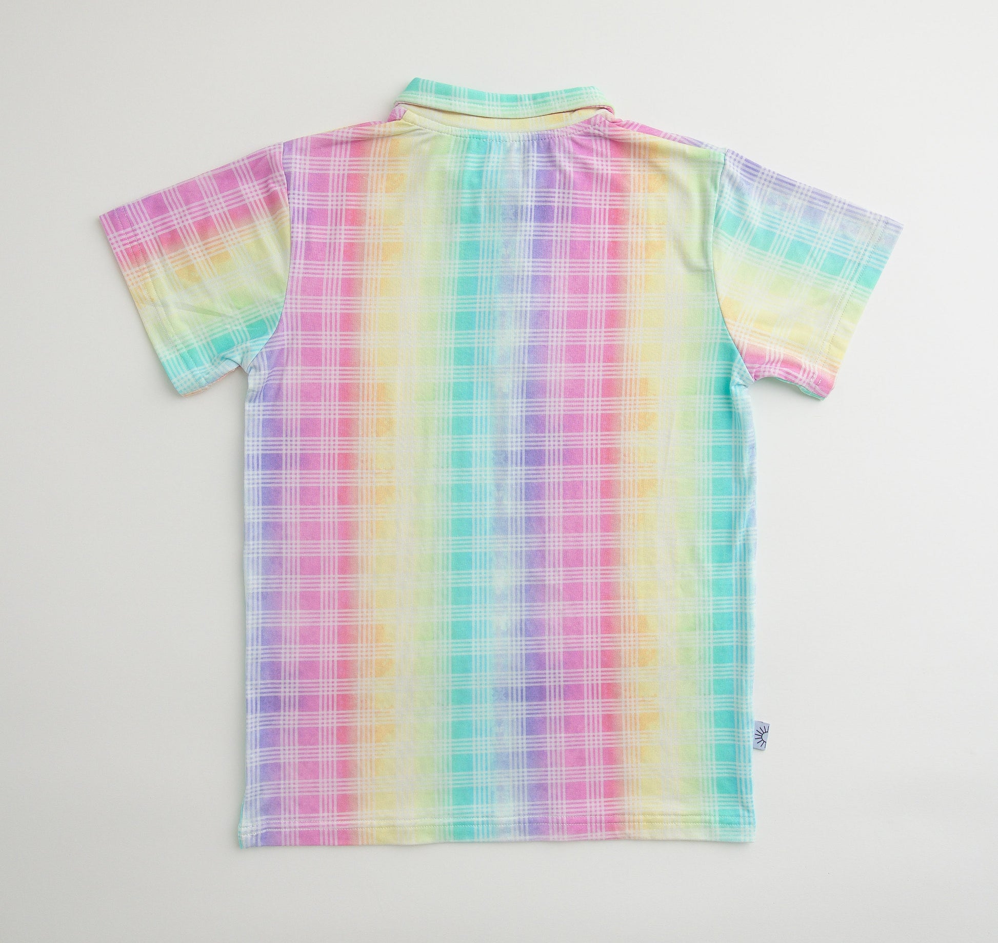Back view of polo shirt with rainbow check print