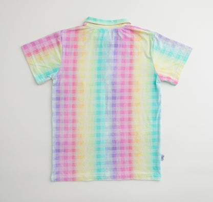 Back view of polo shirt with rainbow check print