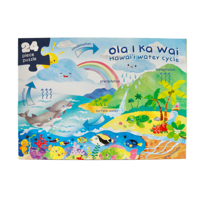 Box packaging of Hawai‘i Water Cycle Puzzle reading "Ola I Ka Wai Hawai‘i water cycle" with illustrations of sea animals, clouds, and mountains