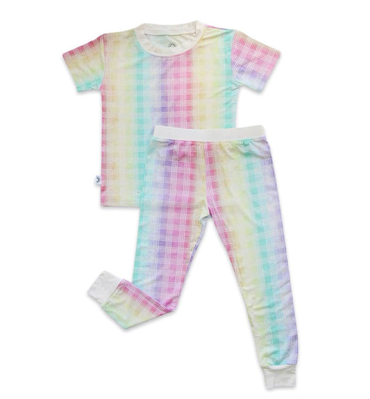 Pastel checkered pajama set on a white background