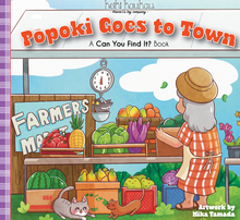 Load image into Gallery viewer, Popoki Goes to Town - cover. Farmer&#39;s market with old woman and cat