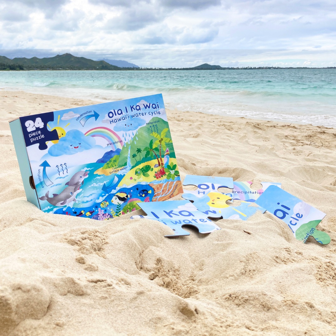 Puzzle box with puzzle pieces sitting on the sand at the beach