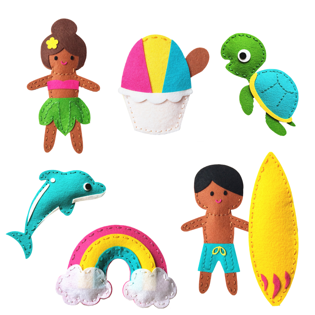 Complete sewing projects (Hula Girl, Shave Ice, Turtle, Dolphin, Rainbow, and Boy with Surf Board