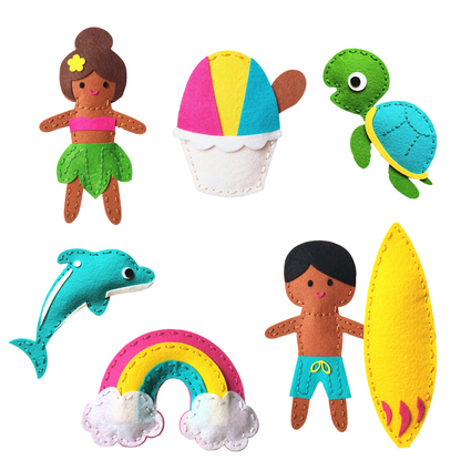 Complete sewing projects (Hula Girl, Shave Ice, Turtle, Dolphin, Rainbow, and Boy with Surf Board