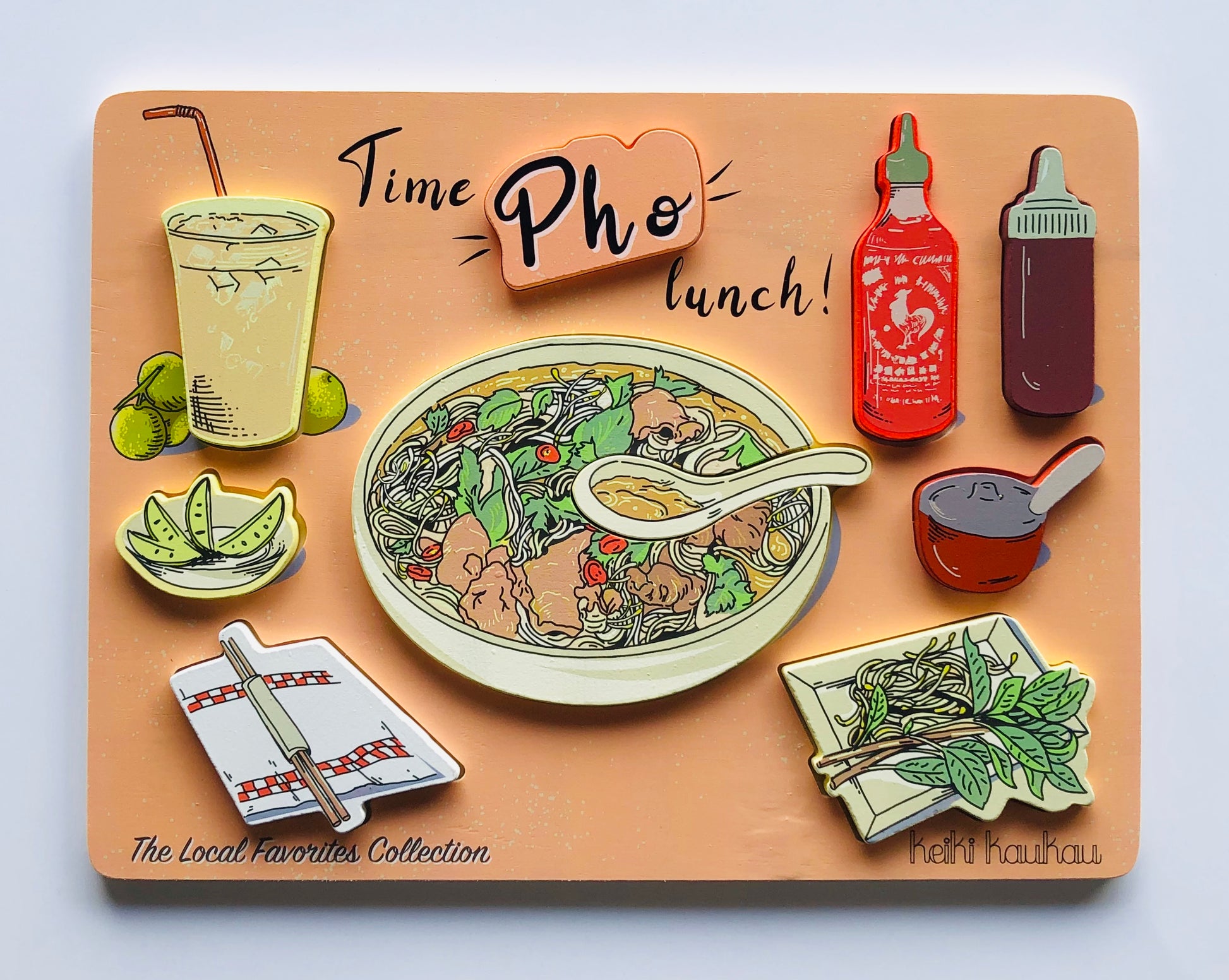 Pastel orange Vietnamese wooden food puzzle reading "Time Pho lunch" with 9 different puzzle pieces (kalamansi drink, limes, chopstick on a napkin, bowl of pho with soup spoon, siracha bottle, hoisin bottle, chili oil container, and basil)