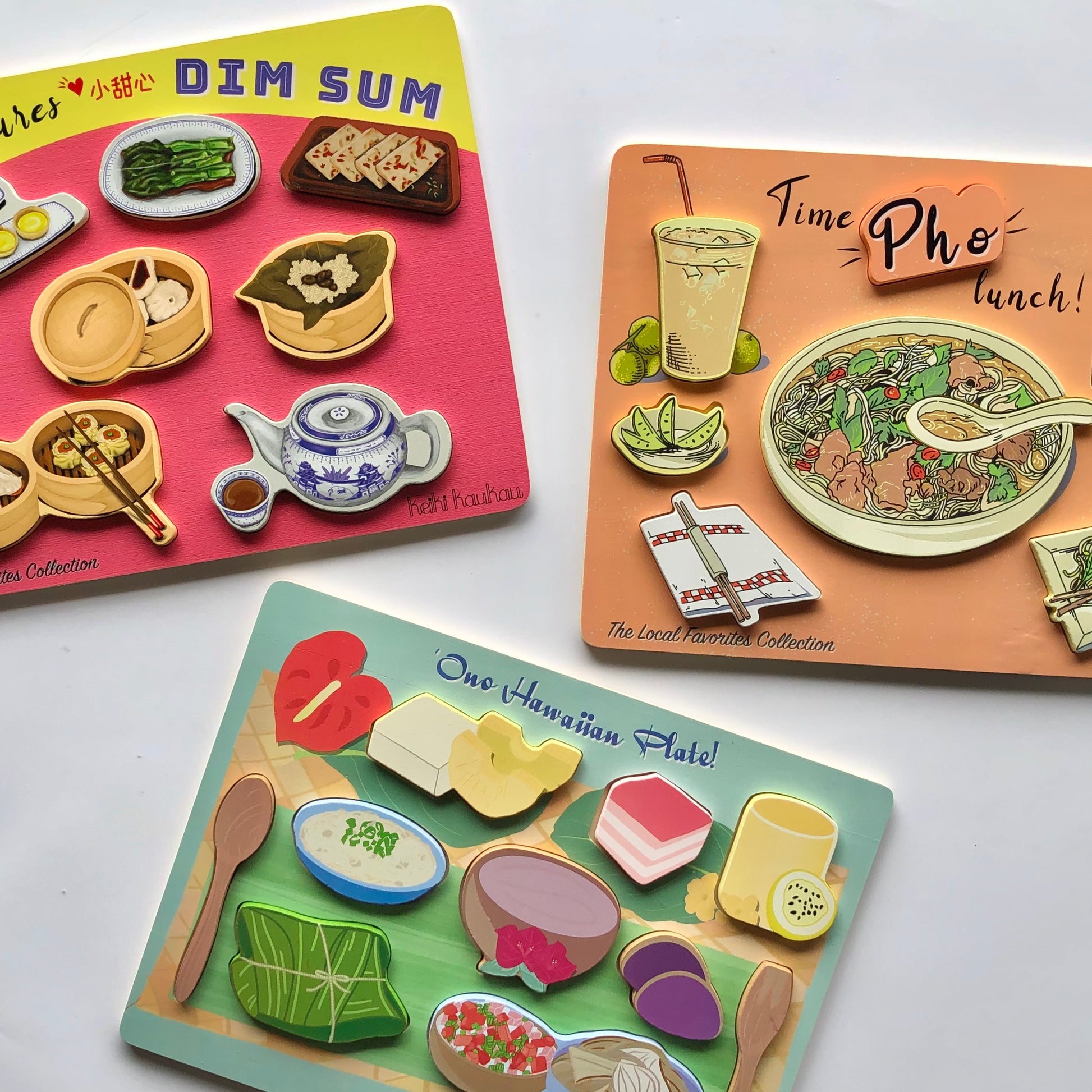 Vietnamese food puzzle next to Dim Sum Food puzzle and Hawaiian plate food puzzle 