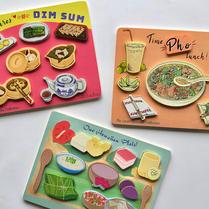 Vietnamese food puzzle next to Dim Sum Food puzzle and Hawaiian plate food puzzle 