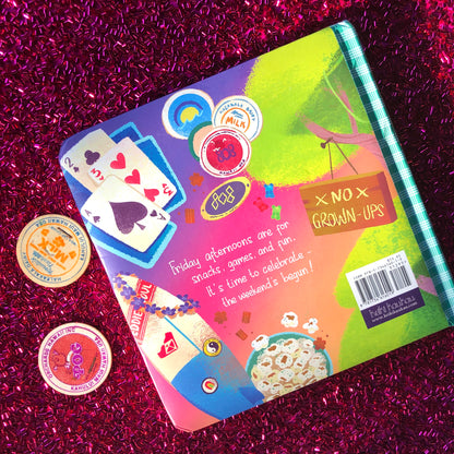 Back cover of "The Aloha Friday Keiki Club" book with illustrations of playing cards, milk caps, a surfboard, and a hanging sign that reads "No Grown-Ups"