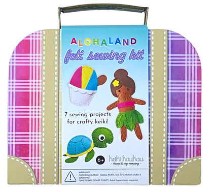 A rainbow palaka print box with label "ALOHALAND Felt Sewing Kit"