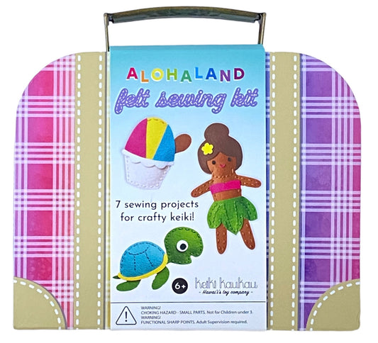 A rainbow palaka print box with label "ALOHALAND Felt Sewing Kit"