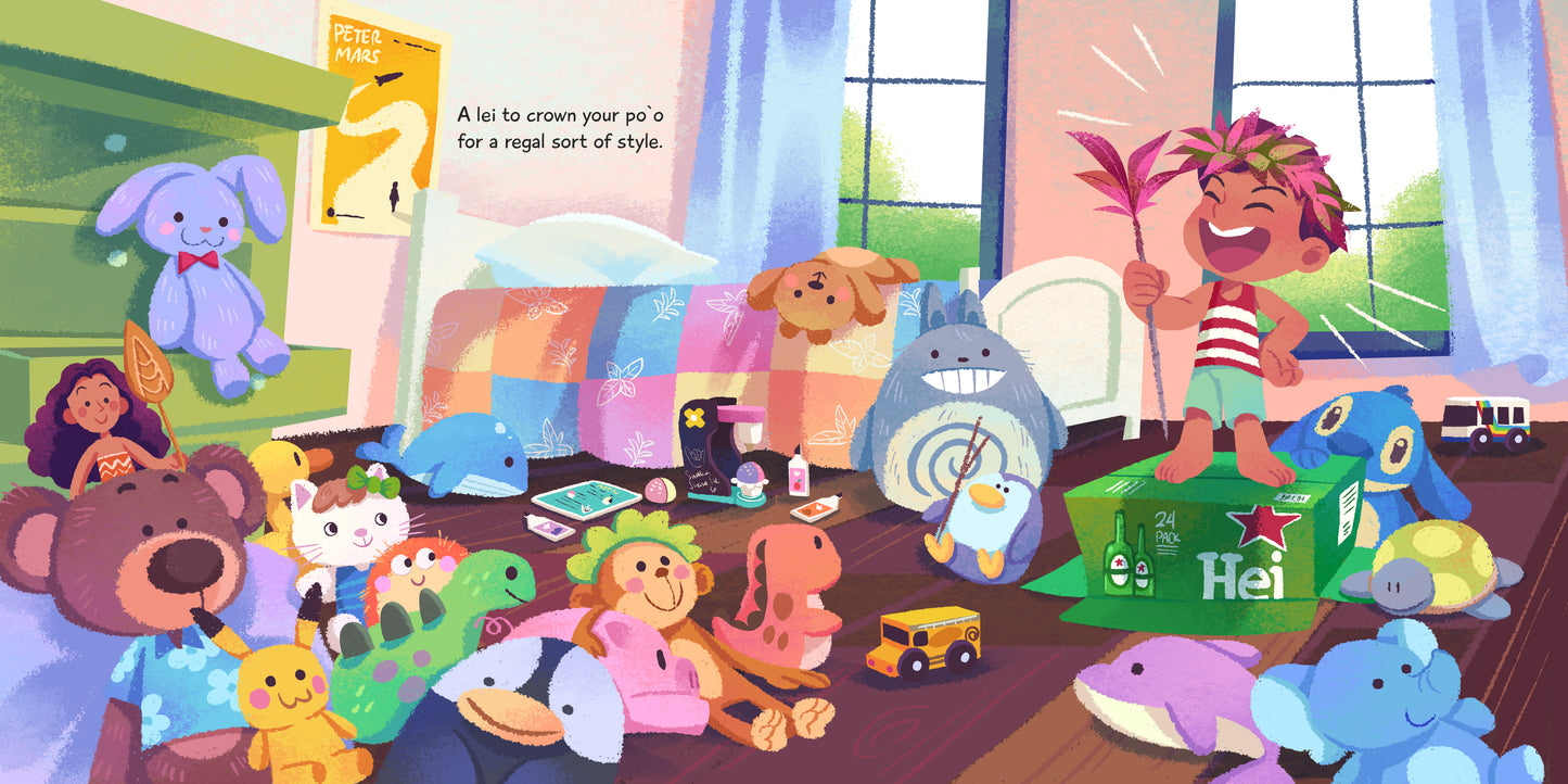 Page of "The Lei Book" with an illustration of a little boy standing amongst his stuffed animals wearing a haku lei