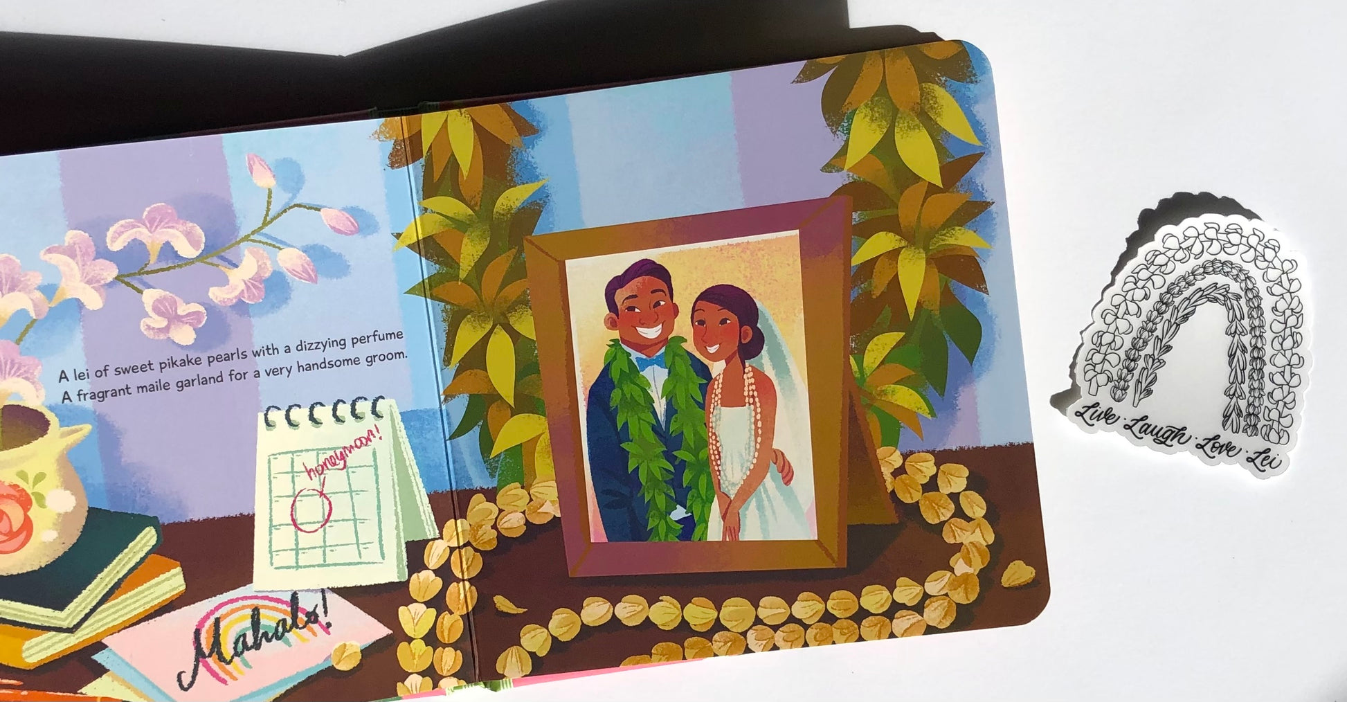 Page of "The Lei Book" with illustration of a picture of a married couple wearing lei in a picture frame