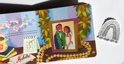 Page of "The Lei Book" with illustration of a picture of a married couple wearing lei in a picture frame