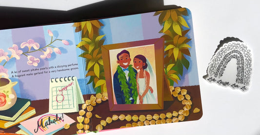 Page of "The Lei Book" with illustration of a picture of a married couple wearing lei in a picture frame