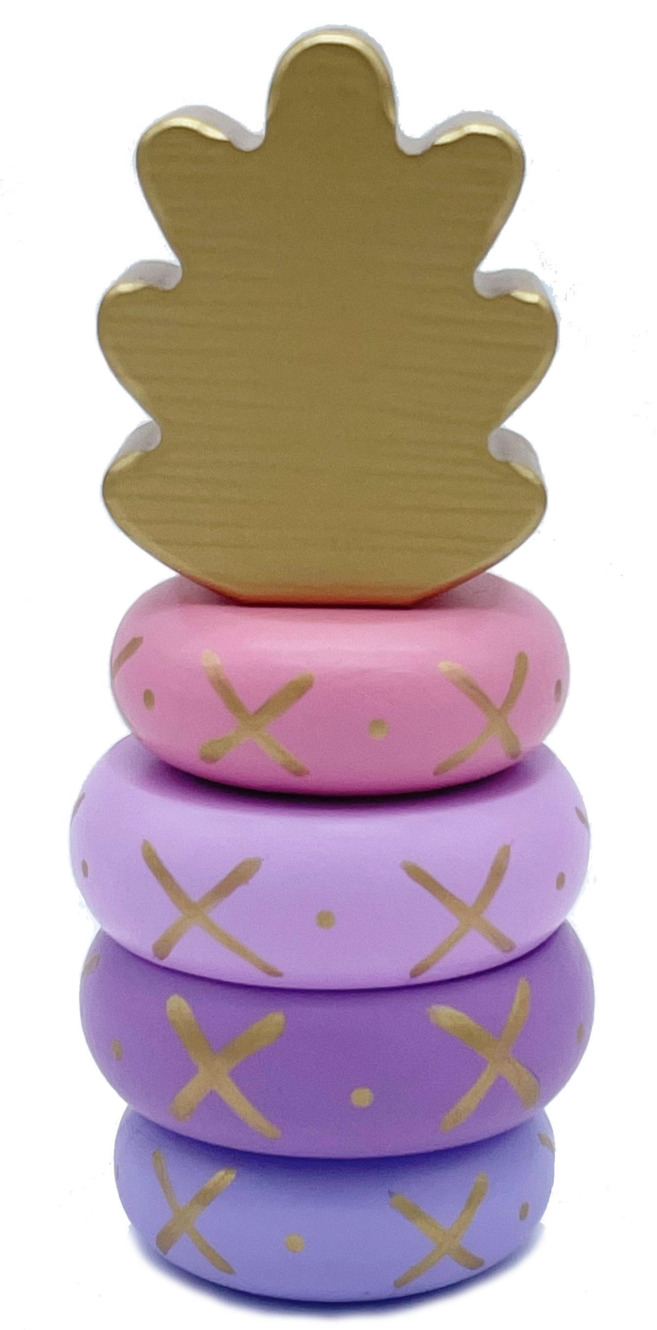 Pink, gold, and purple wooden pineapple stacking toy