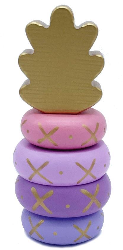 Pink, gold, and purple wooden pineapple stacking toy